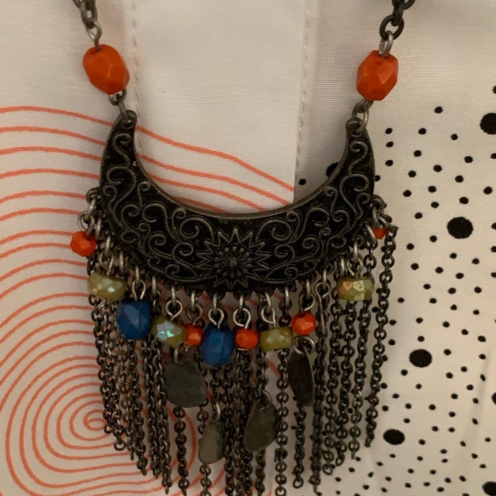 Bohemian Orange & Blue Fringe Pendant Necklace